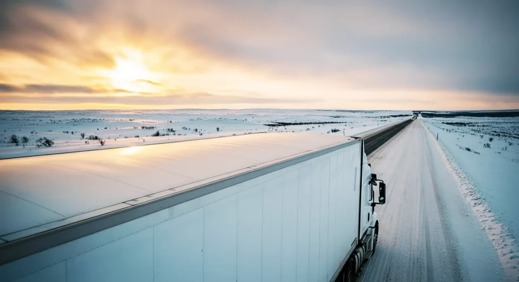 A truck and trailer with a clear top drive down a snowy road at sunset